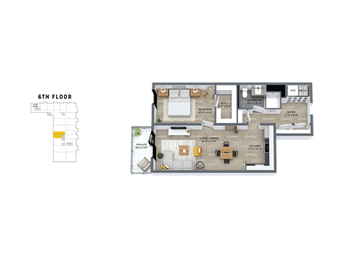Floor plan for 1 bed, 1 bath, 841 sqft